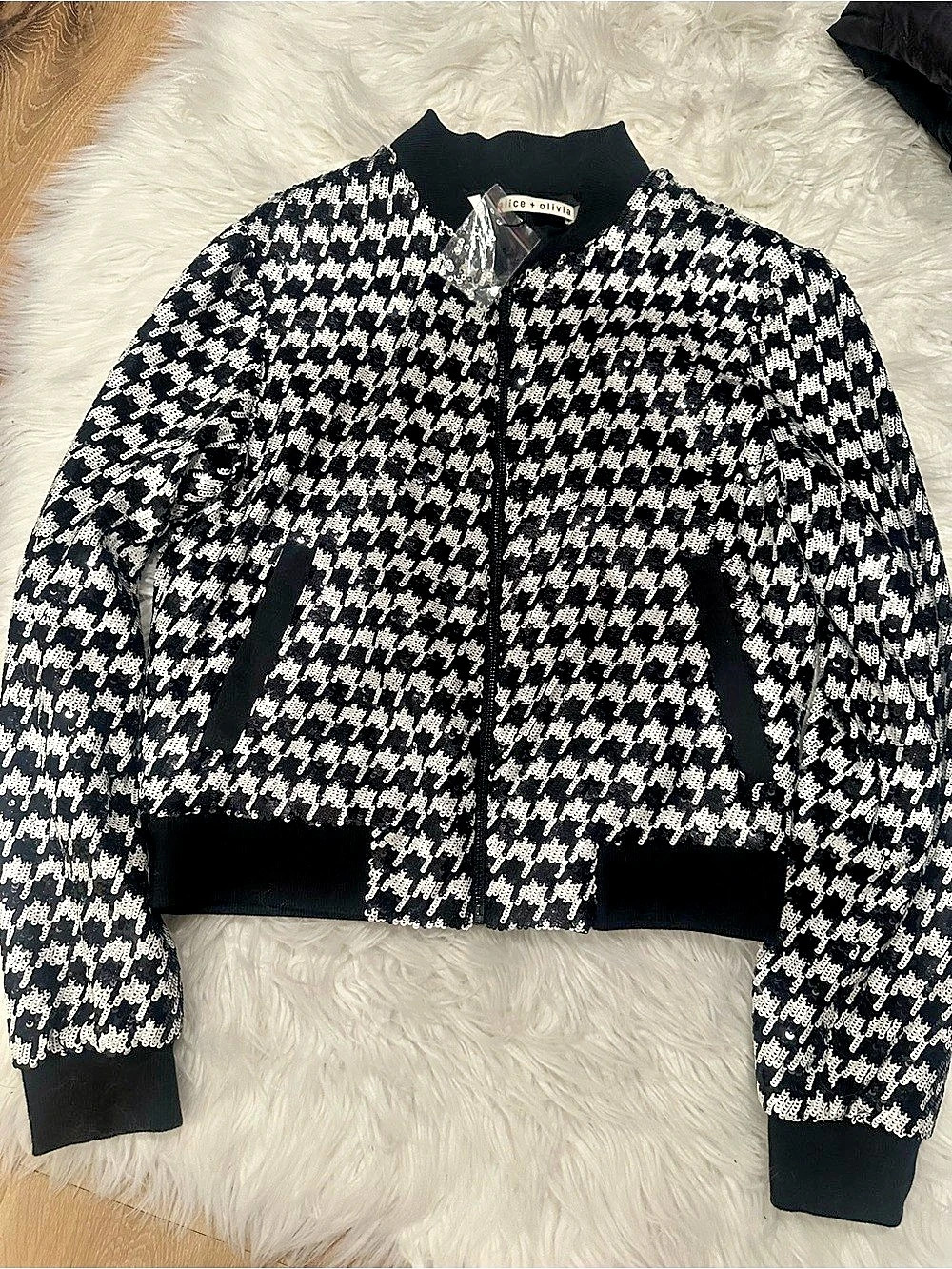 Alice and Olivia Sequin Houndstooth Bomber Jacket Size xs NWT